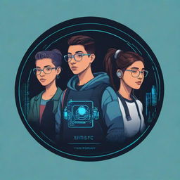 A compact, impactful logo featuring simplified designs of four students and an electronic project, represented in a cartoonish, cyberpunk style.