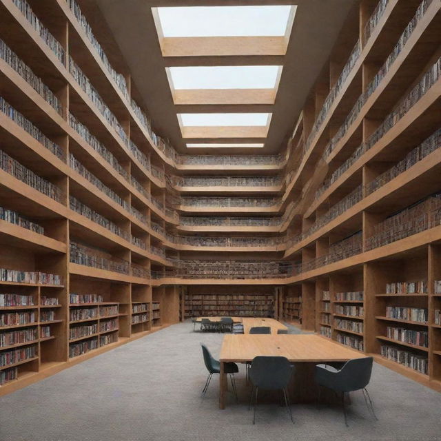 Generate an image of a bold, contemporary library design. The structure is dynamic, with interconnected volumes and varying heights, deviating from traditional rectangular shapes.