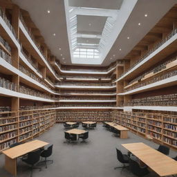 Generate an image of a bold, contemporary library design. The structure is dynamic, with interconnected volumes and varying heights, deviating from traditional rectangular shapes.