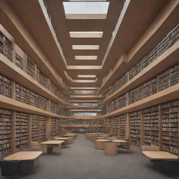 Generate an image of a bold, contemporary library design. The structure is dynamic, with interconnected volumes and varying heights, deviating from traditional rectangular shapes.