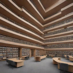 Generate an image of a bold, contemporary library design. The structure is dynamic, with interconnected volumes and varying heights, deviating from traditional rectangular shapes.