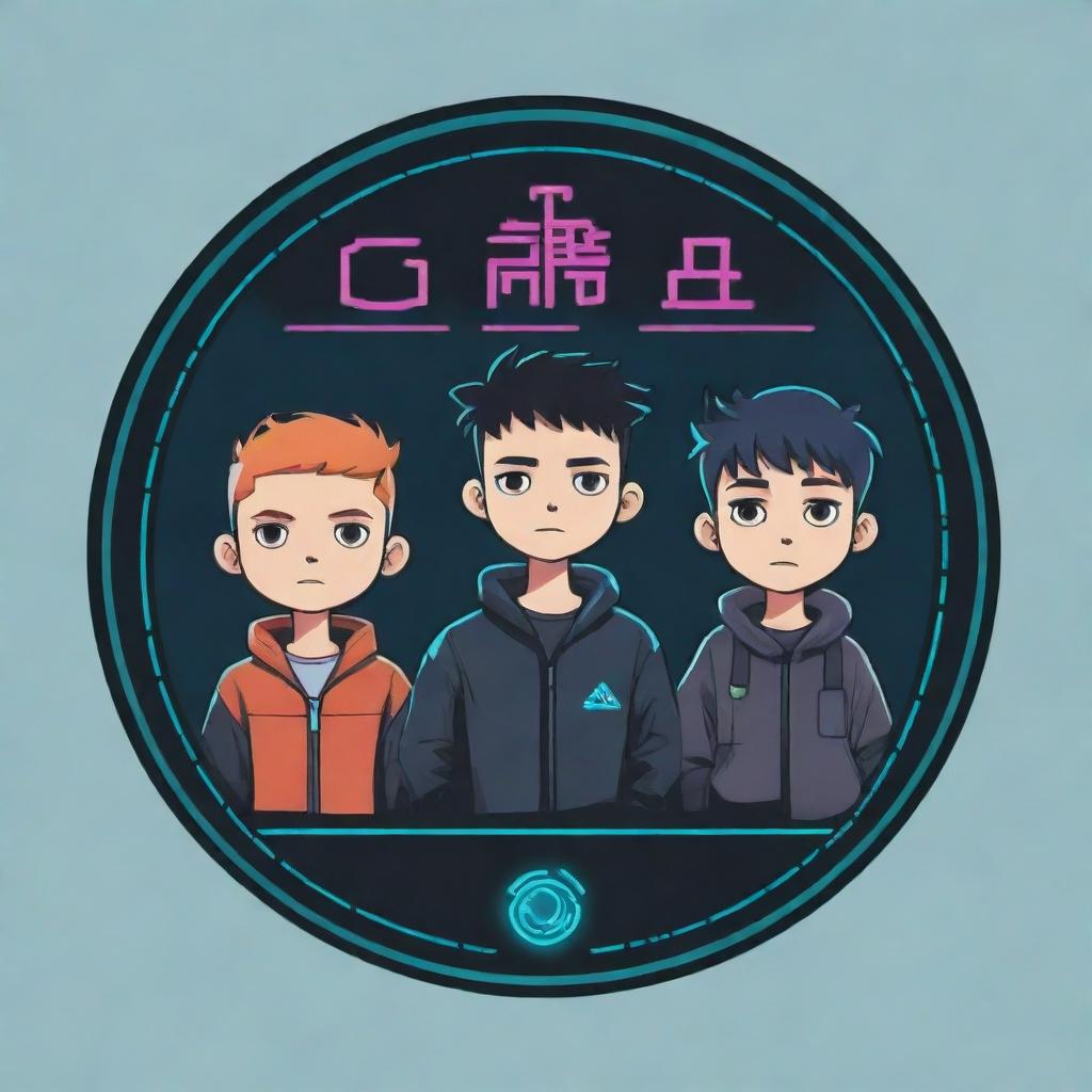 A compact, impactful logo featuring simplified designs of four boys, and an electronic project, represented in a cartoonish, cyberpunk style.