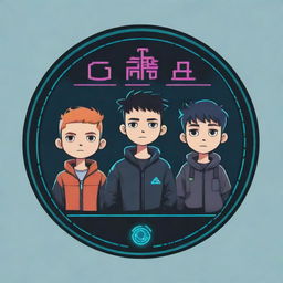 A compact, impactful logo featuring simplified designs of four boys, and an electronic project, represented in a cartoonish, cyberpunk style.