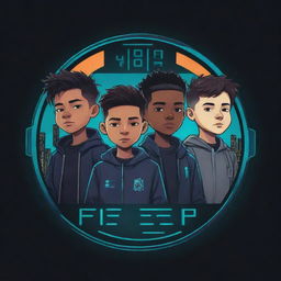 A compact, impactful logo featuring simplified designs of four boys, and an electronic project, represented in a cartoonish, cyberpunk style.