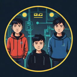 A compact, impactful logo featuring simplified designs of four boys, and an electronic project, represented in a cartoonish, cyberpunk style.