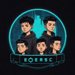 A compact, impactful logo featuring simplified designs of four boys, and an electronic project, represented in a cartoonish, cyberpunk style.