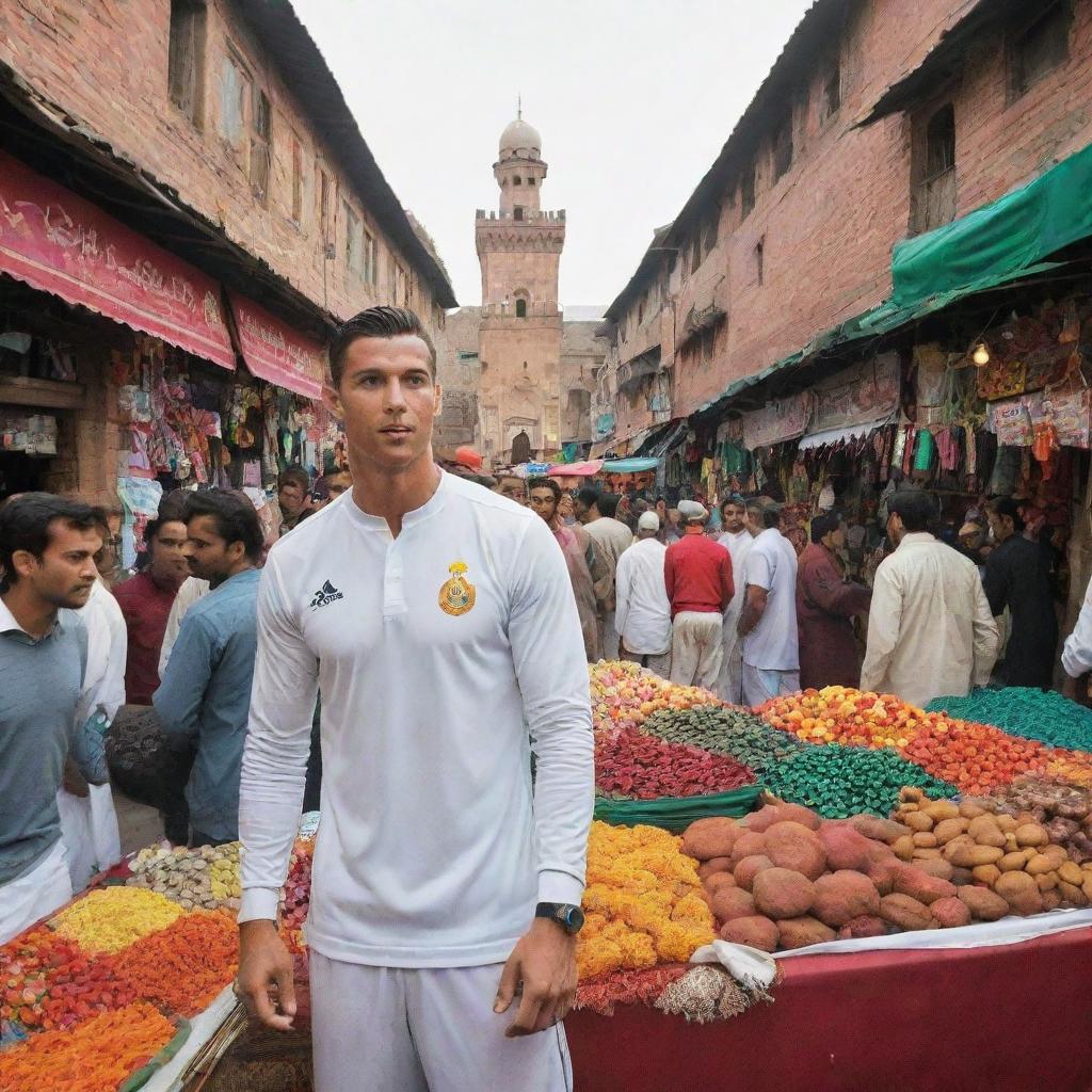 Cristiano Ronaldo, in his football kit, standing in a lively marketplace in Lahore, Pakistan, surrounded by traditional Pakistani architecture, colorful market stalls, and enthusiastic football fans