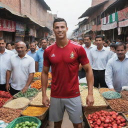 Cristiano Ronaldo, in his football kit, standing in a lively marketplace in Lahore, Pakistan, surrounded by traditional Pakistani architecture, colorful market stalls, and enthusiastic football fans