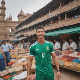 Cristiano Ronaldo, in his football kit, standing in a lively marketplace in Lahore, Pakistan, surrounded by traditional Pakistani architecture, colorful market stalls, and enthusiastic football fans