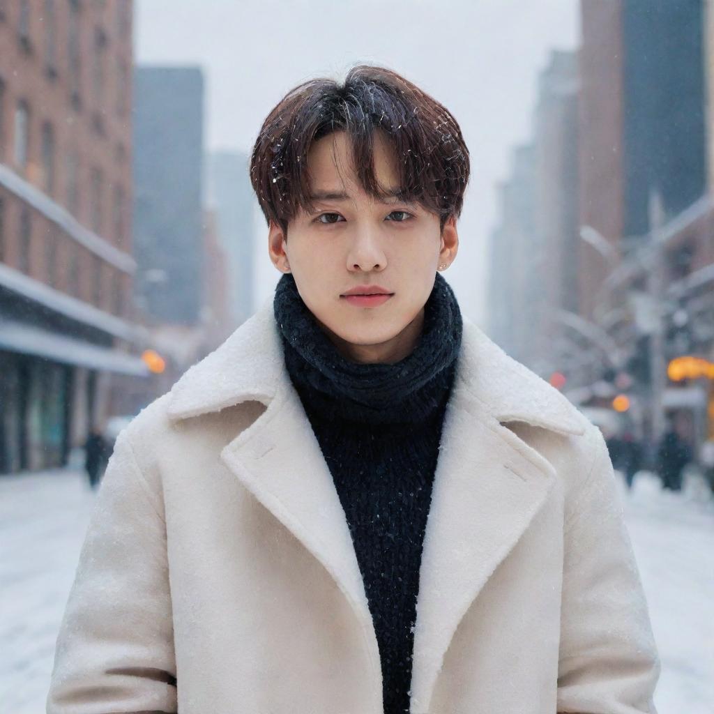 A realistic portrait of Jungkook from BTS, stylishly dressed for winter, standing amidst gently falling snow, with a soft, dreamlike cityscape in the background.