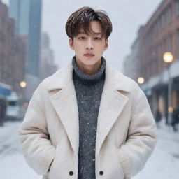 A realistic portrait of Jungkook from BTS, stylishly dressed for winter, standing amidst gently falling snow, with a soft, dreamlike cityscape in the background.