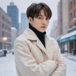 A realistic portrait of Jungkook from BTS, stylishly dressed for winter, standing amidst gently falling snow, with a soft, dreamlike cityscape in the background.