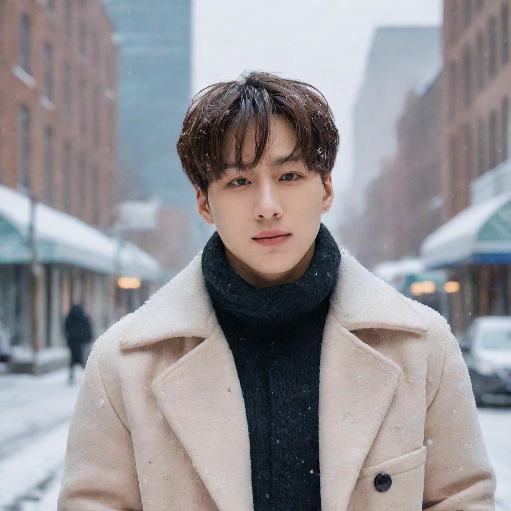 A realistic portrait of Jungkook from BTS, stylishly dressed for winter, standing amidst gently falling snow, with a soft, dreamlike cityscape in the background.