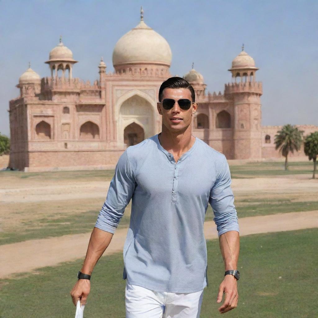 Cristiano Ronaldo wearing casual attire, leisurely strolling in Bahawalpur, Pakistan, with the stunning, historical Noor Mahal palace in the backdrop during a clear sunny day.