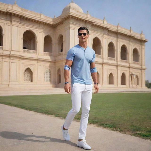 Cristiano Ronaldo wearing casual attire, leisurely strolling in Bahawalpur, Pakistan, with the stunning, historical Noor Mahal palace in the backdrop during a clear sunny day.