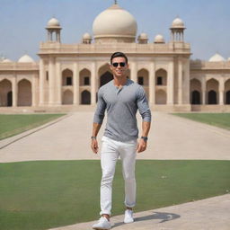 Cristiano Ronaldo wearing casual attire, leisurely strolling in Bahawalpur, Pakistan, with the stunning, historical Noor Mahal palace in the backdrop during a clear sunny day.