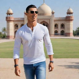 Cristiano Ronaldo wearing casual attire, leisurely strolling in Bahawalpur, Pakistan, with the stunning, historical Noor Mahal palace in the backdrop during a clear sunny day.