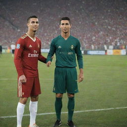 Hassan, a young man in traditional Pakistani attire, standing next to Cristiano Ronaldo. Both are on a football field, Ronaldo in his football kit, with a large stadium crowd in the backdrop.