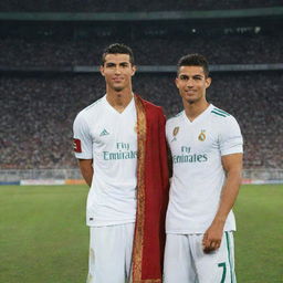 Hassan, a young man in traditional Pakistani attire, standing next to Cristiano Ronaldo. Both are on a football field, Ronaldo in his football kit, with a large stadium crowd in the backdrop.