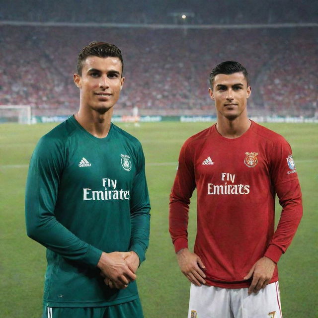 Hassan, a young man in traditional Pakistani attire, standing next to Cristiano Ronaldo. Both are on a football field, Ronaldo in his football kit, with a large stadium crowd in the backdrop.