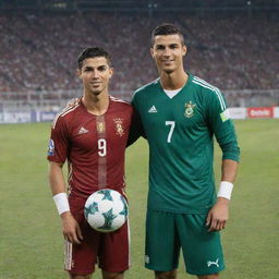 Hassan, a young man in traditional Pakistani attire, standing next to Cristiano Ronaldo. Both are on a football field, Ronaldo in his football kit, with a large stadium crowd in the backdrop.