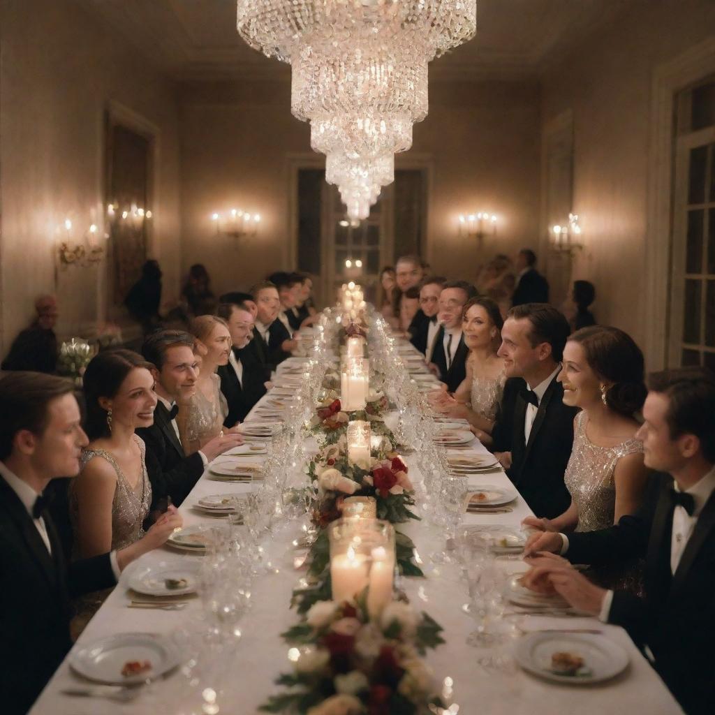 A lavish dinner party scene with a long table, adorned with shimmering candlelight, crystal glassware, and gourmet food. People in elegant outfits are seen engaging in delightful conversation, surrounded by a sophisticated atmosphere.