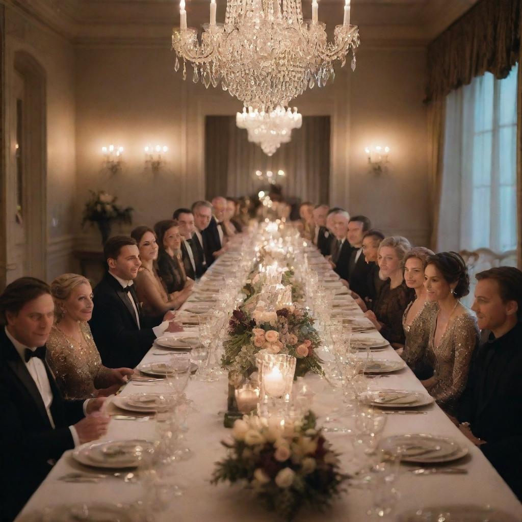 A lavish dinner party scene with a long table, adorned with shimmering candlelight, crystal glassware, and gourmet food. People in elegant outfits are seen engaging in delightful conversation, surrounded by a sophisticated atmosphere.