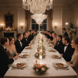 A lavish dinner party scene with a long table, adorned with shimmering candlelight, crystal glassware, and gourmet food. People in elegant outfits are seen engaging in delightful conversation, surrounded by a sophisticated atmosphere.