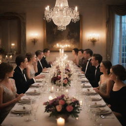 A lavish dinner party scene with a long table, adorned with shimmering candlelight, crystal glassware, and gourmet food. People in elegant outfits are seen engaging in delightful conversation, surrounded by a sophisticated atmosphere.