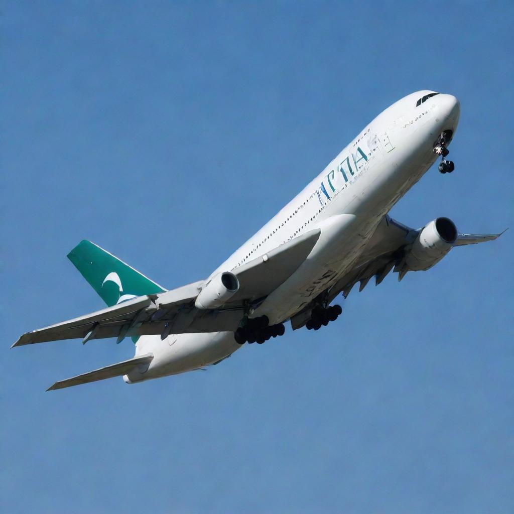 A Pakistan International Airlines (PIA) Airbus A380, in mid-flight against a clear blue sky, sunlight gleaming off its green and white livery.