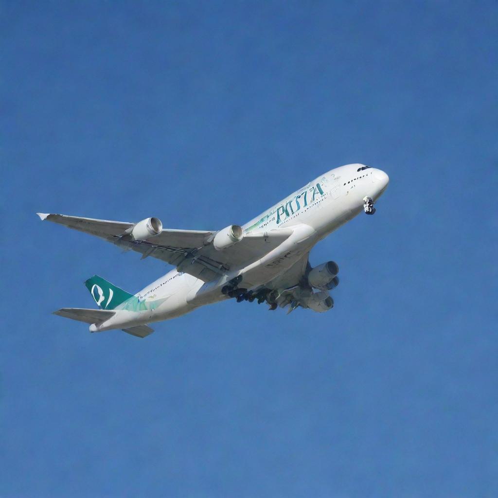 A Pakistan International Airlines (PIA) Airbus A380, in mid-flight against a clear blue sky, sunlight gleaming off its green and white livery.