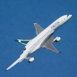 A Pakistan International Airlines (PIA) Airbus A380, in mid-flight against a clear blue sky, sunlight gleaming off its green and white livery.