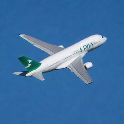 A Pakistan International Airlines (PIA) Airbus A380, in mid-flight against a clear blue sky, sunlight gleaming off its green and white livery.