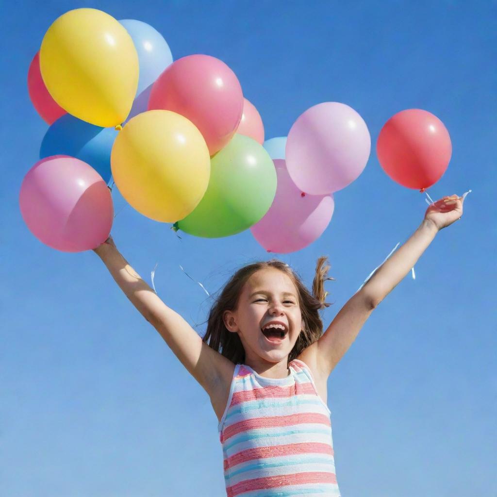 A joyous young girl holding a collection of colourful balloons against a clear blue sky.