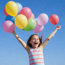 A joyous young girl holding a collection of colourful balloons against a clear blue sky.