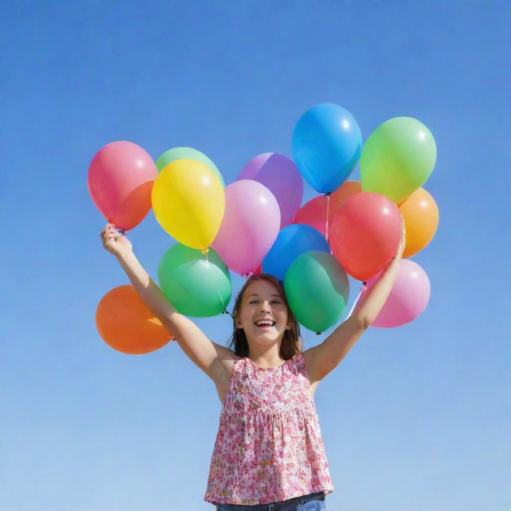 A joyous young girl holding a collection of colourful balloons against a clear blue sky.