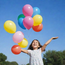 A joyous young girl holding a collection of colourful balloons against a clear blue sky.