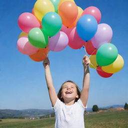 A joyous young girl holding a collection of colourful balloons against a clear blue sky.