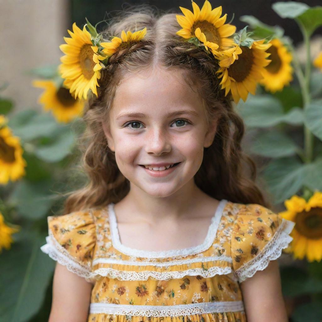 A portrait of a young girl with sparkling eyes and a radiant smile. She's wearing a cheerful summer dress, her hair playfully plaited with sunflowers gently woven in.