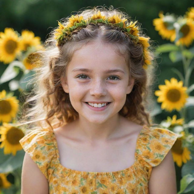 A portrait of a young girl with sparkling eyes and a radiant smile. She's wearing a cheerful summer dress, her hair playfully plaited with sunflowers gently woven in.