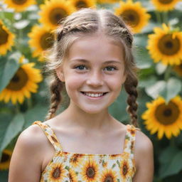 A portrait of a young girl with sparkling eyes and a radiant smile. She's wearing a cheerful summer dress, her hair playfully plaited with sunflowers gently woven in.