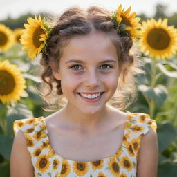 A portrait of a young girl with sparkling eyes and a radiant smile. She's wearing a cheerful summer dress, her hair playfully plaited with sunflowers gently woven in.