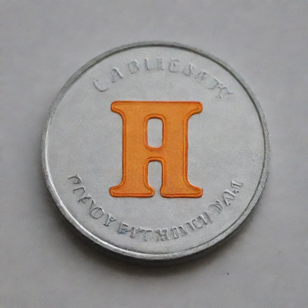 A shiny coin with an orange letter 'P' embossed in the middle, surrounded by the text 'Happy Father's Day'.