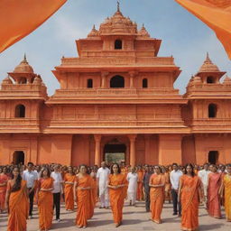 Create a banner for the inauguration of the Ram Mandir. Preferably a colourful and festive design, highlighting cultural aspects and grandeur of the ceremony