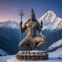 A majestic and detailed statue of Lord Mahadev (Shiva) adorned with intricate carvings, set against a serene backdrop of a snow-capped Himalayan range under the twilight sky.