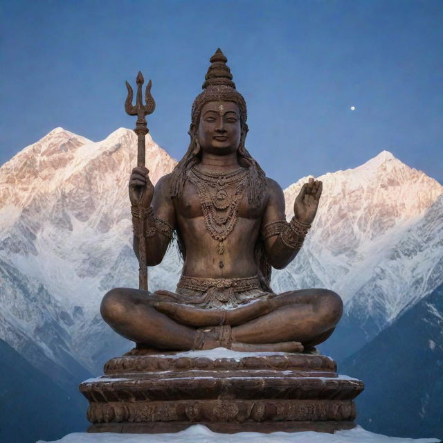 A majestic and detailed statue of Lord Mahadev (Shiva) adorned with intricate carvings, set against a serene backdrop of a snow-capped Himalayan range under the twilight sky.