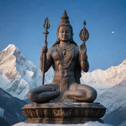 A majestic and detailed statue of Lord Mahadev (Shiva) adorned with intricate carvings, set against a serene backdrop of a snow-capped Himalayan range under the twilight sky.