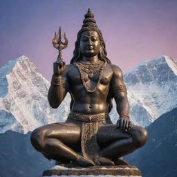 A majestic and detailed statue of Lord Mahadev (Shiva) adorned with intricate carvings, set against a serene backdrop of a snow-capped Himalayan range under the twilight sky.