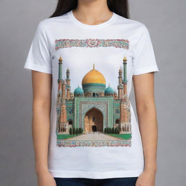 A national t-shirt of Uzbekistan, prominently featuring well-known historical places like Registan Square, Shah-i-Zinda, and Itchan Kala in an ornate, colorful design.