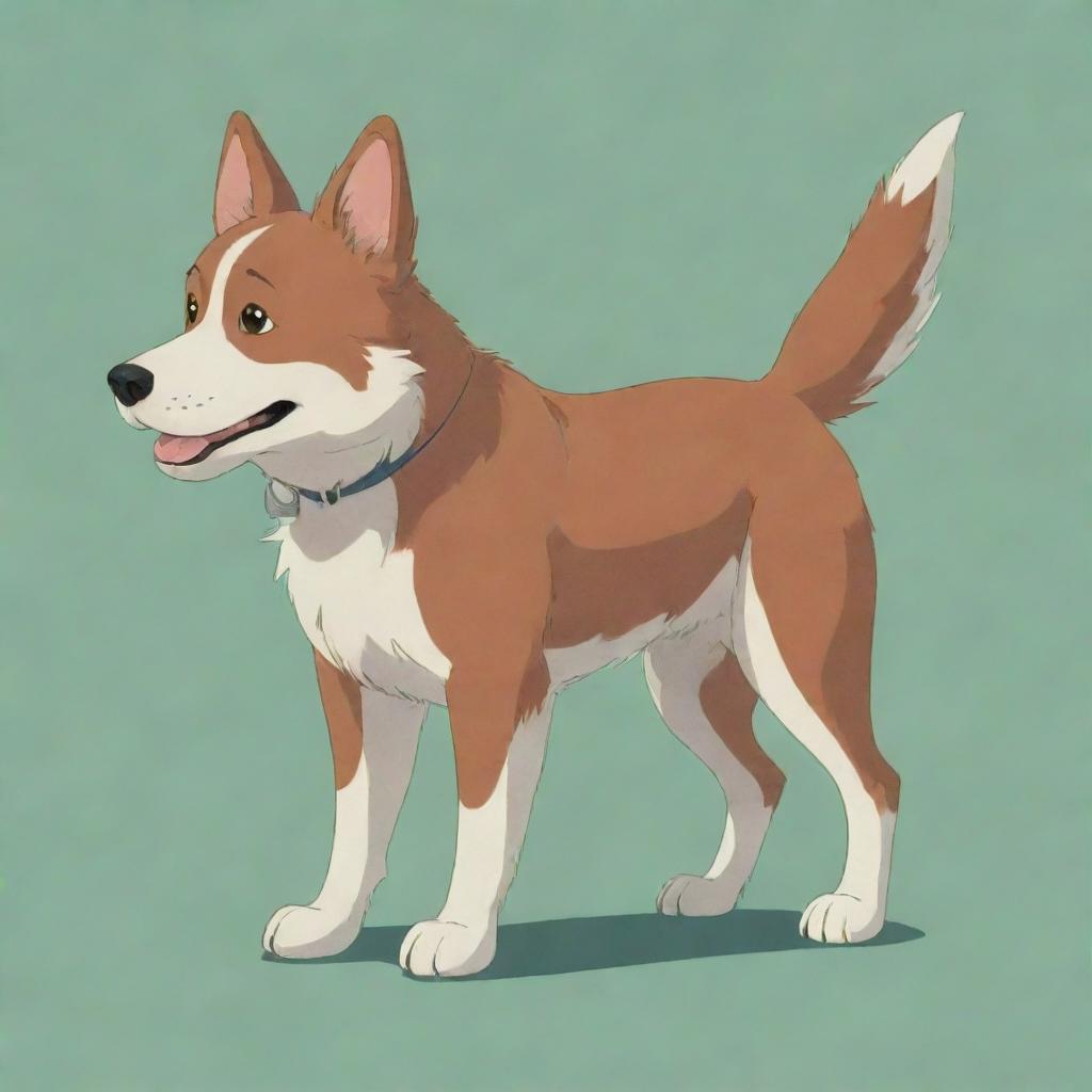 A canine character, designed in the distinctive style of Studio Ghibli, depicting playful and whimsical characteristics.